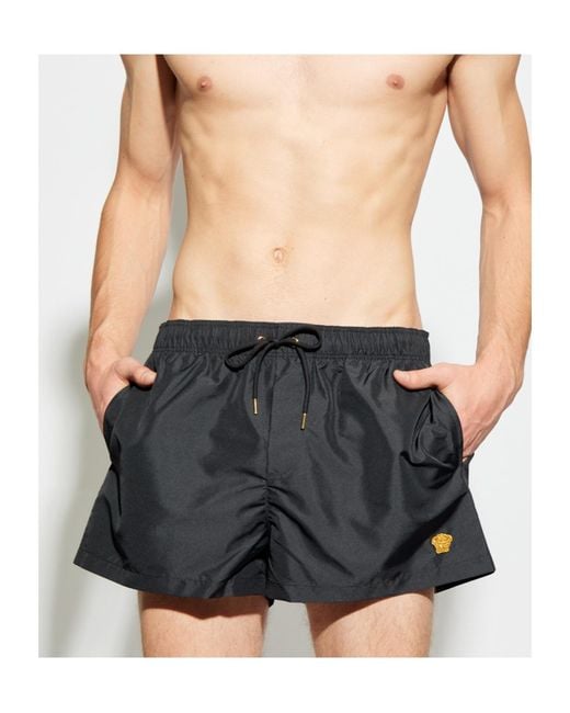 Versace Gray Drawstring Logo-Patch Swim Shorts for men