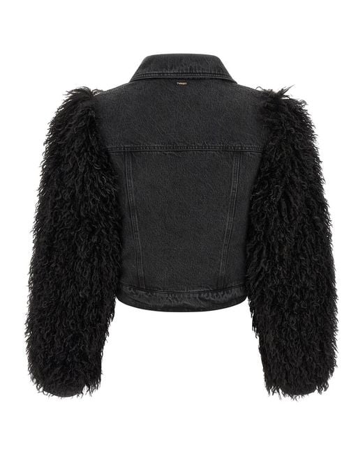 Twinset Black Denim Jacket With Shearling Sleeve Trim