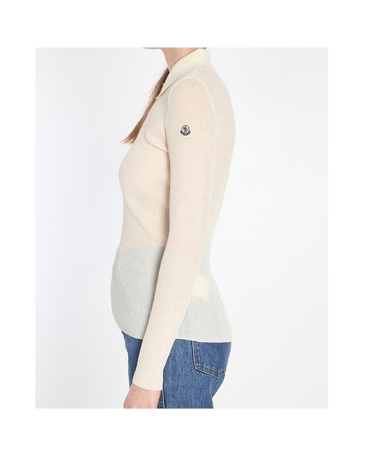 Moncler Natural Long-Sleeved Fine Ribbed Polo Top