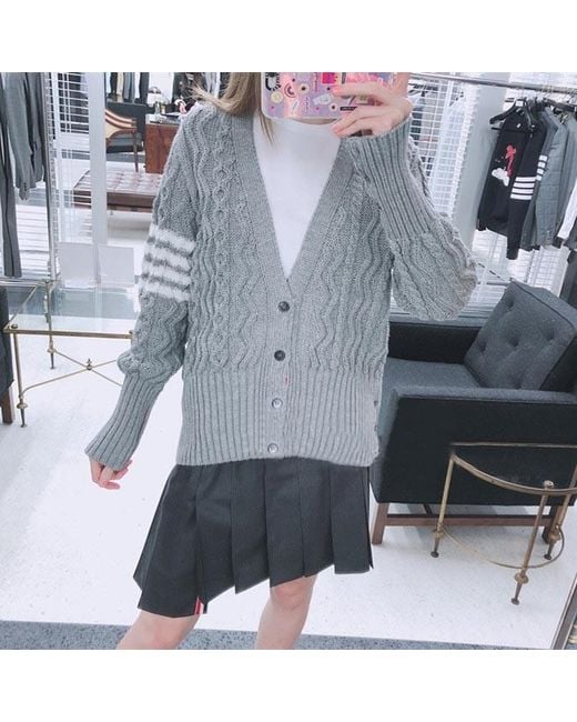 Thom Browne Gray 4-Bar Aran Cable Knit Cardigan for men