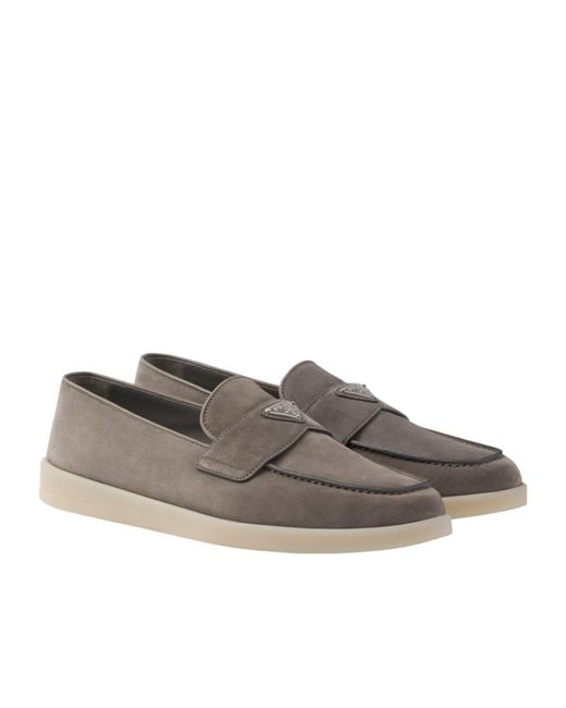 Prada Gray Triangle-Logo Slip On Loafers for men