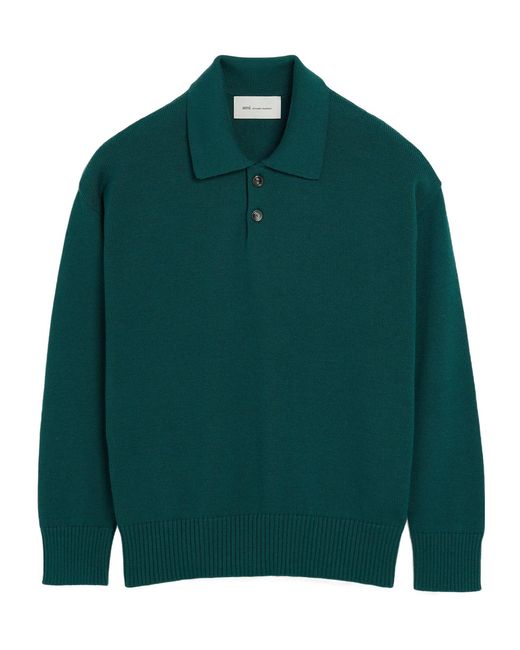 AMI Green Wool Knit Polo Shirt for men