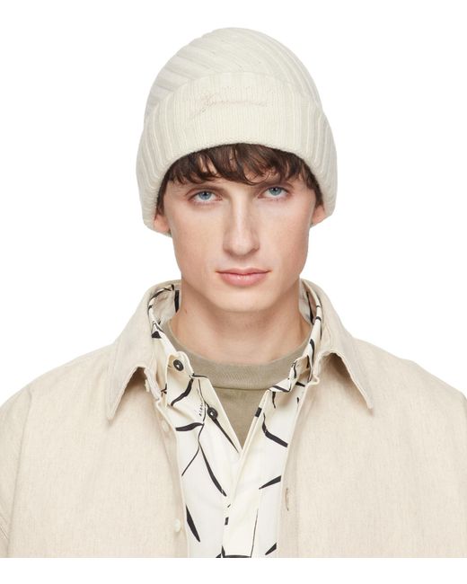 Jacquemus White Logo-Embroidered Beanie for men