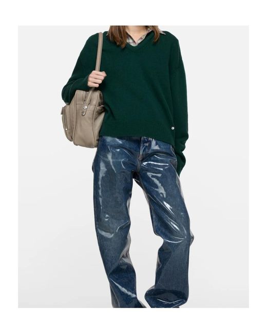 Acne Green V-Neck Leather-Patch Sweater