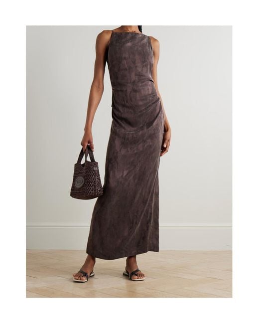 St. Agni Purple Gathered Washed Satin-Jacquard Maxi Dress