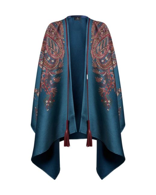 Etro Blue Paisley-Printed Tassel-Detailed Poncho