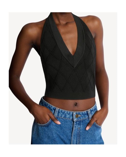 Balmain Black Quilted Knit Halterneck Top