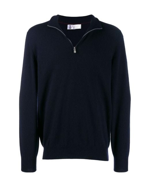 Brunello Cucinelli Blue Funnel-Neck Knitted Polo Shirt for men