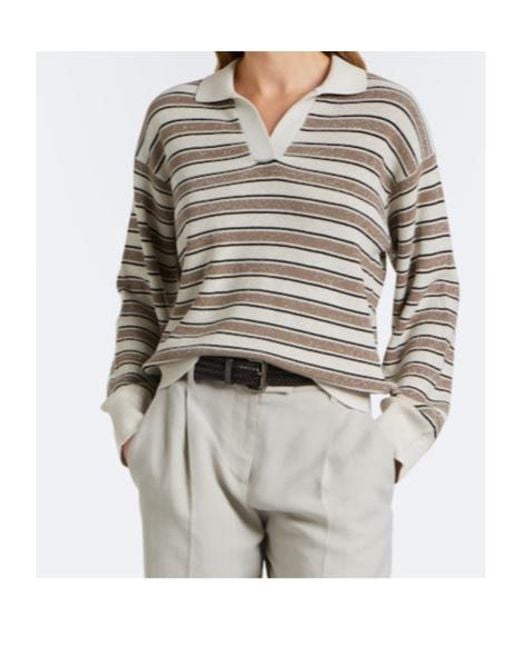 Brunello Cucinelli Gray Striped Cotton-Blend Polo Sweater