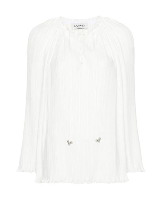 Lanvin White Pleated Effect Lace-Up Blouse