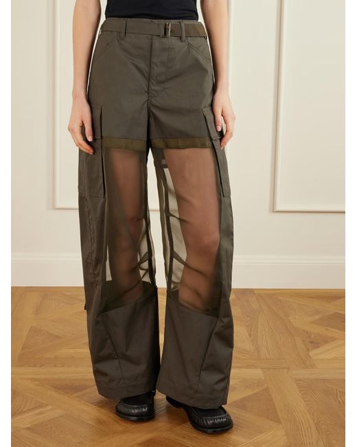 Sacai Green Chiffon And Cotton Wide-Leg Pants