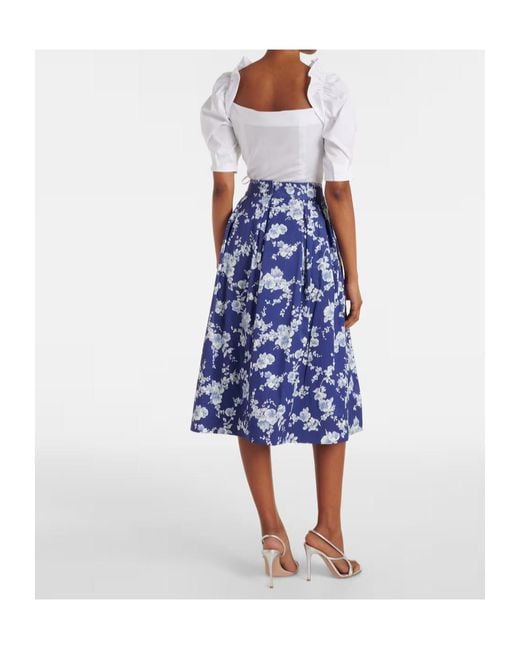 Carolina Herrera Blue Floral Faille Midi Skirt
