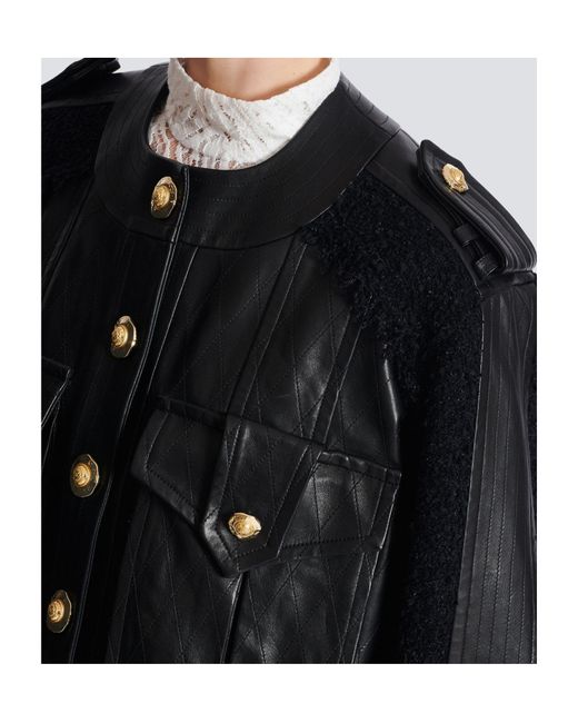Balmain Black Tweed-Trim Leather Jacket