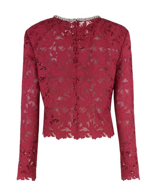 Self-Portrait Red Embellished-Neck Lace Top