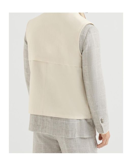 Brunello Cucinelli White Cotton And Linen Canvas Vest With Suede Inserts And Hook Fastening for men
