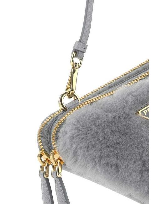 Prada Gray Shearling And Saffiano Leather Mini-Pouch