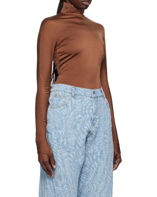 Mugler Blue Logo-Appliqué Satin Bodysuit