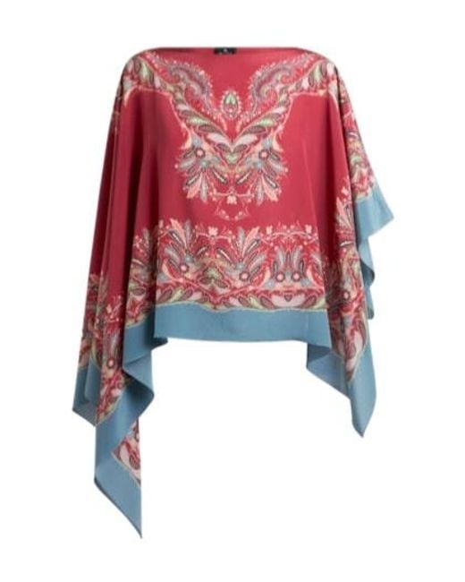 Etro Red Asymmetric Silk Poncho Top With Placed Print