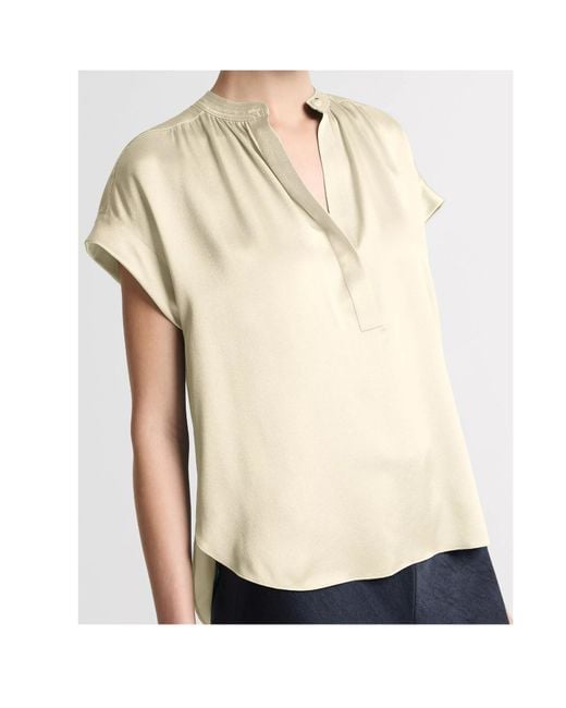 Vince Blue Cap-Sleeve Gathered Blouse