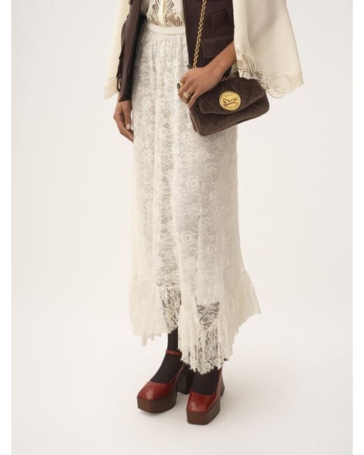 Chloé White Chloé Floral Lace Jacquard Ruffled Midi Skirt