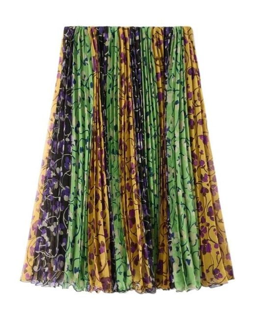 LaDoubleJ Green Floral-Detail Pleated Midi Skirt