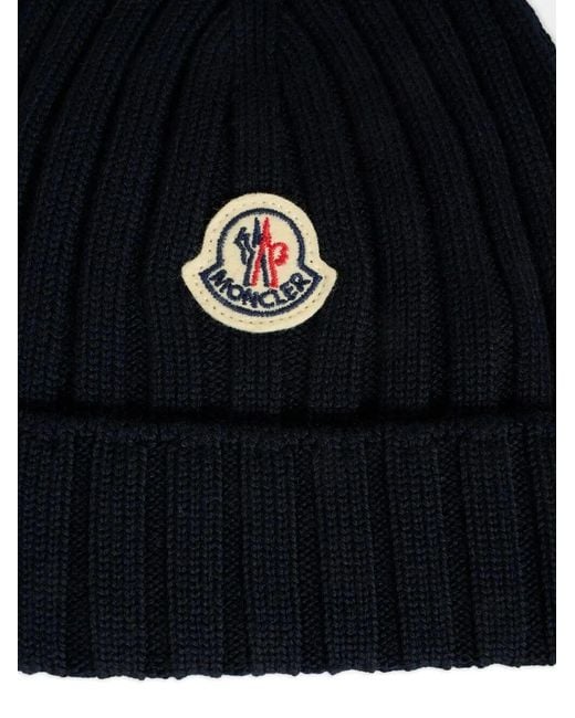 Moncler Blue Ribbed Logo-Patch Beanie