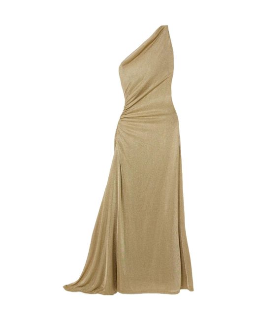 TOVE Natural Vivien One-Shoulder Ruched Metallic Knitted Maxi Dress