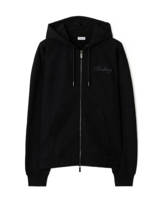 Burberry Black Logo Detailed Zip-Up Drawstring Hoodie for men