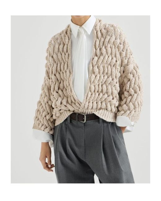 Brunello Cucinelli Natural Silk And Linen Dazzling Waves Cardigan
