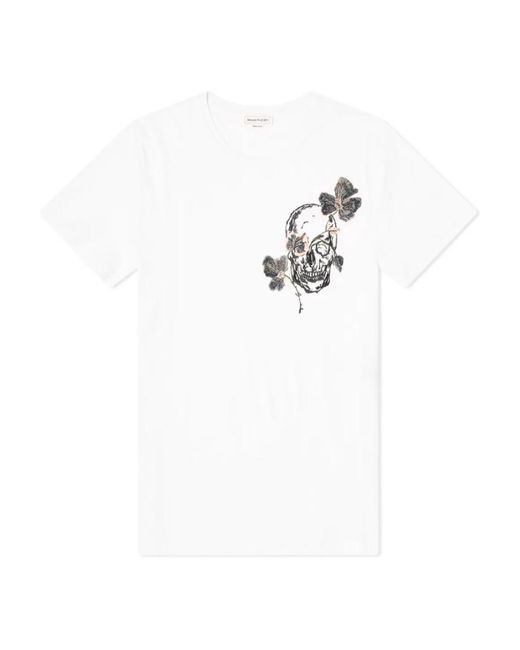 McQueen White Flower Skull Printed T-Shirt for men