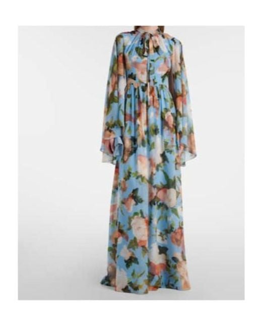 Erdem Blue Caped Floral Silk Voile Gown