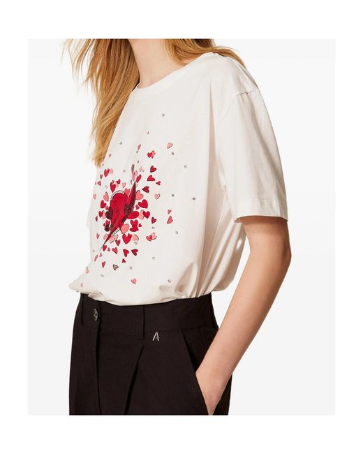 Twinset White Heart-Print Rhinestone T-Shirt