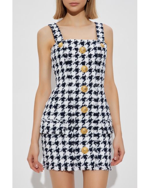 Balmain Blue Houndstooth Button Detailed Tweed Dress