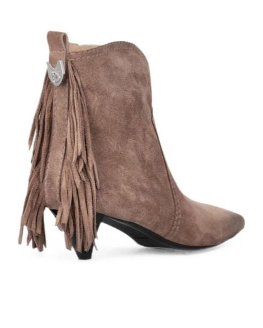 Pinko Brown Fringe-Detail Suede Ankle Boots