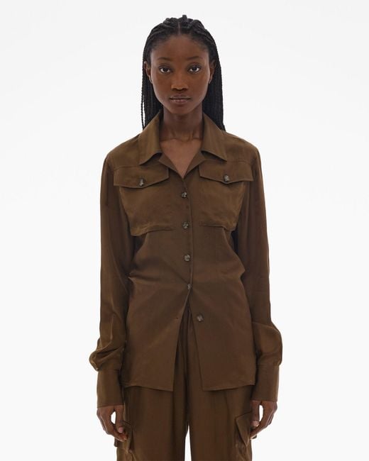 Helmut Lang Brown Long-Sleeve Satin-Finish Shirt