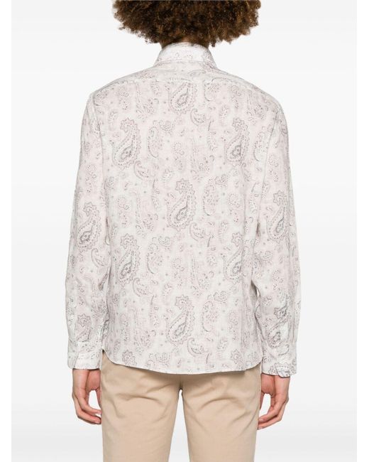 Brunello Cucinelli White Paisley-Printed Long Sleeevd Shirt for men