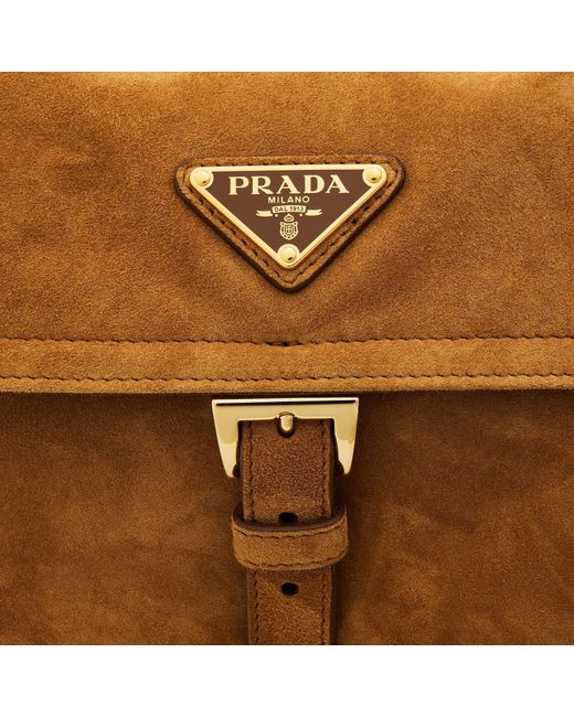 Prada Brown Explore Medium Suede Shoulder Bag With Flap