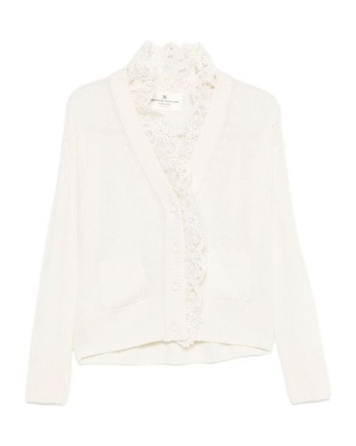 Ermanno Scervino White Lace-Trimmed Buttoned Cardigan