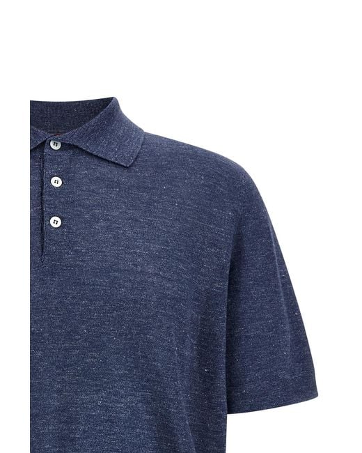 Brunello Cucinelli Blue Short Sleeved Knitted Polo Shirt for men