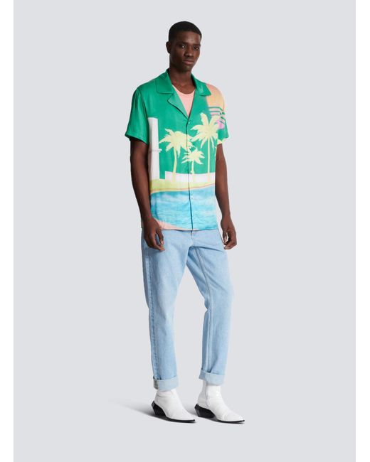 Balmain Blue Palm Printed Short-Sleeve Twill Shirt for men