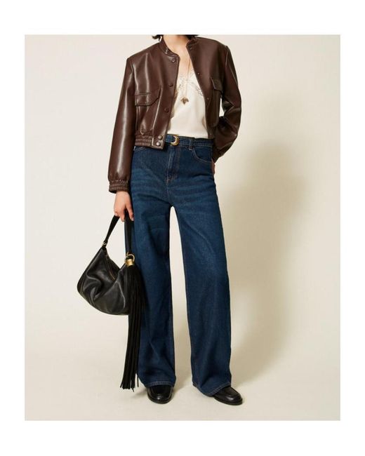 Twinset Brown Faux Leather Bomber Jacket With Pockets