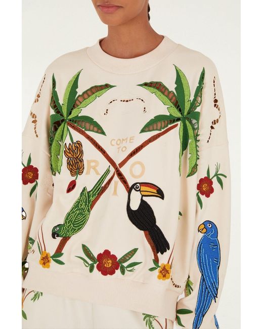 Farm Rio White Bird-Embroidered Sweatshirt