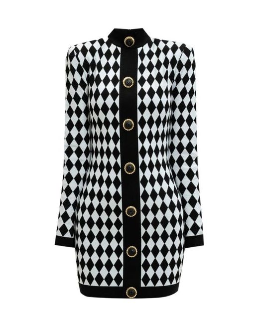 Balmain White Diamond-Pattern Mini Dress