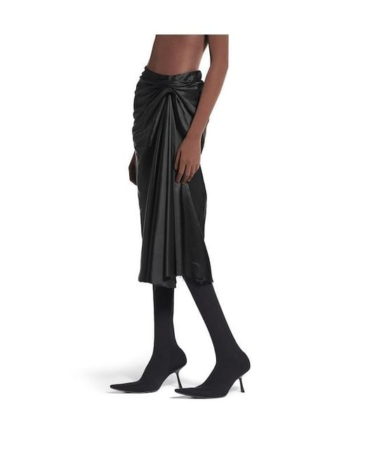 Balenciaga Black Satin Gathered Midi Skirt