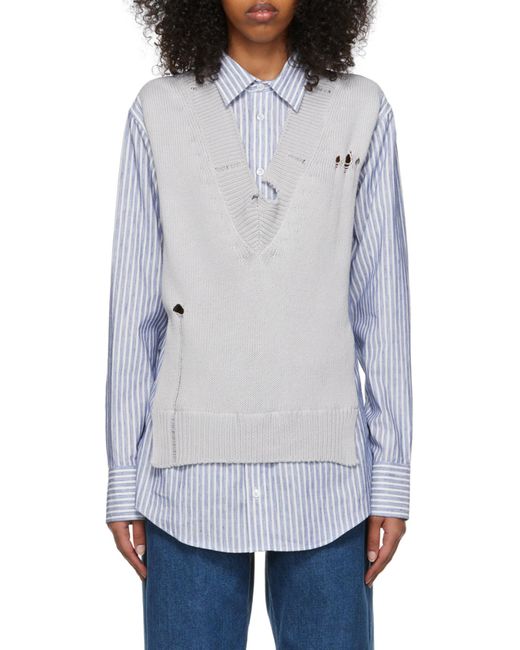 Maison Margiela Blue V-Neck Destroyed Effect Spliced Shirt