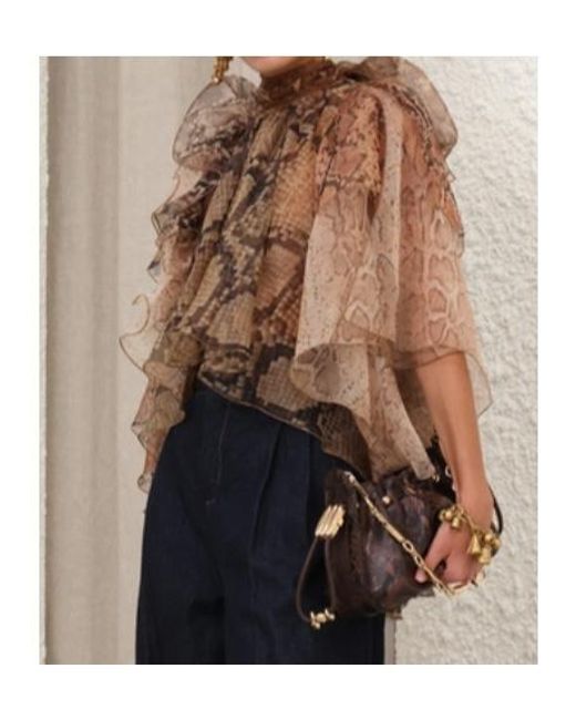 Zimmermann Brown Ruffled Snakeskin-Print Blouse