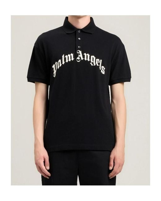 Palm Angels Black Curved Logo Polo Shirt for men