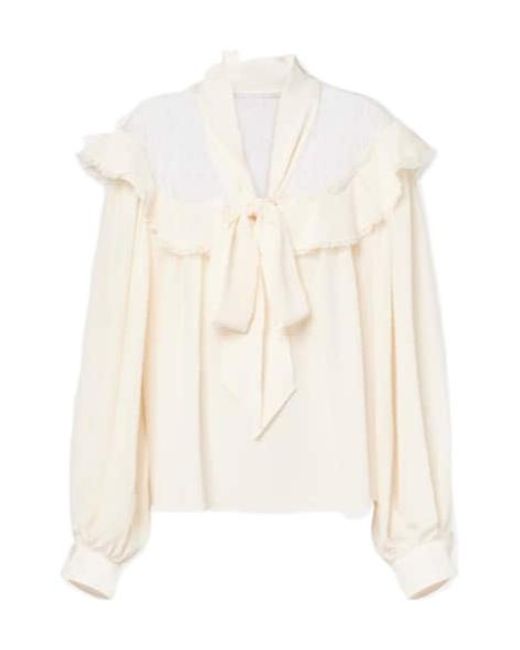 Stella McCartney White Bow-Detail Lace-Trimmed Silk Blouse