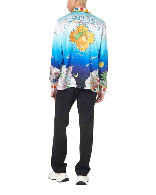 Casablanca Blue Cuban-Collar Silk Shirt for men