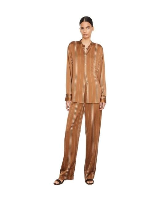 Vince Brown Striped Band-Collar Silk Shirt
